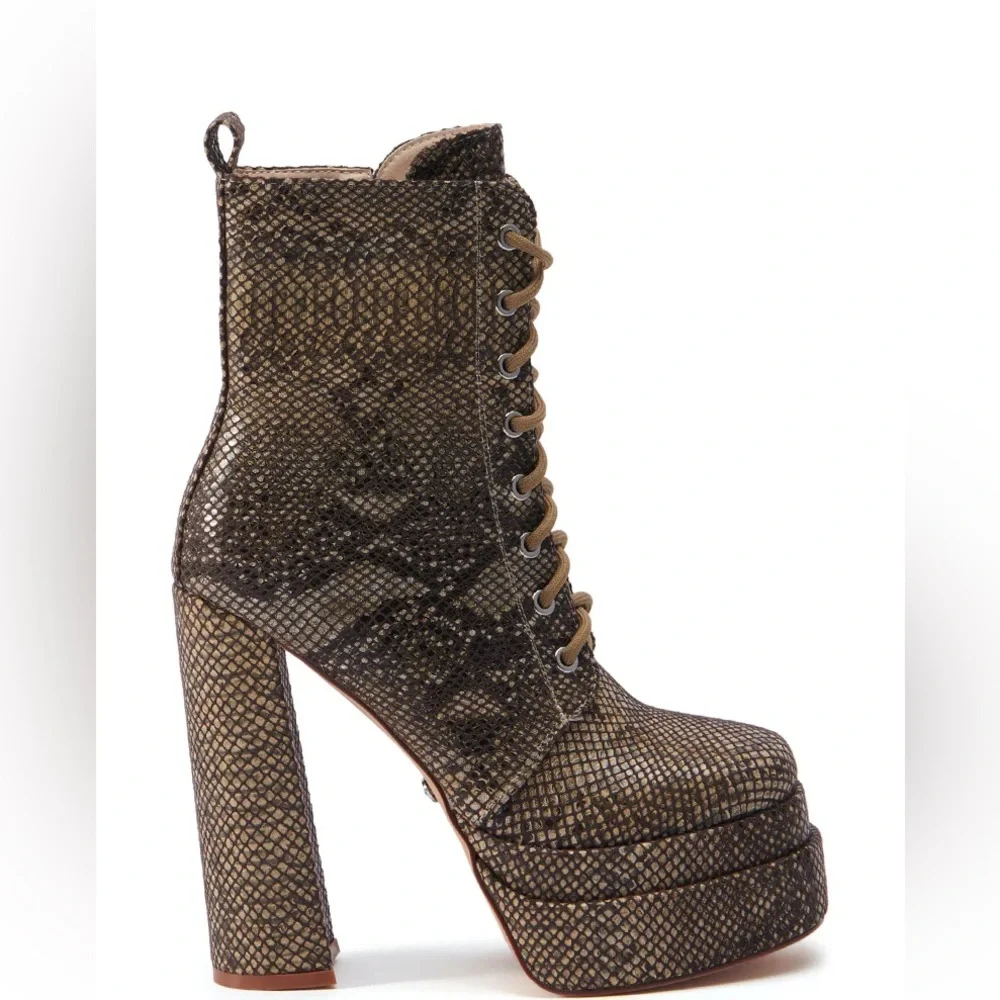 AZALEA WANG Brown Vegan Snakeskin Combat Boots - Picture 1 of 6